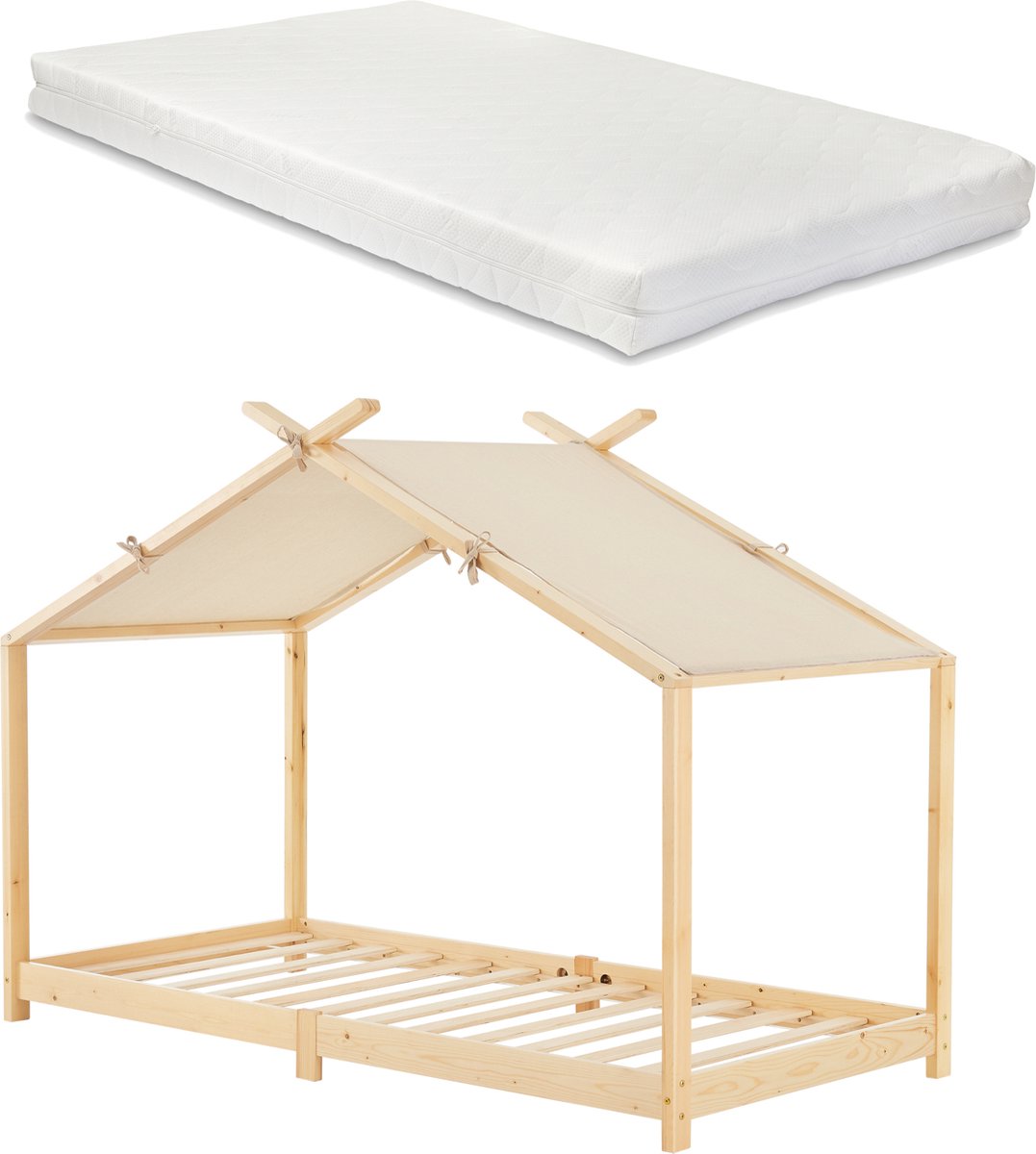 en.casa Kinderbed Brome huisbed met matras 90x200 cm houtkleurig en beige [en.casa]