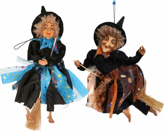 Set van 2x Halloween decoratie heksen pop op bezem - 30 cm - blauw/bruin
