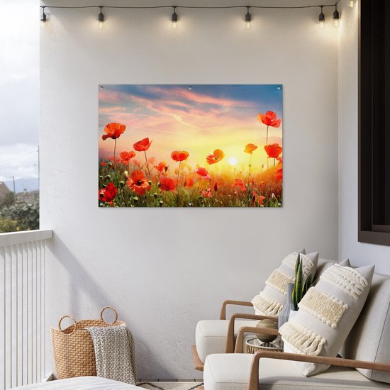 Tuinposter bloemen - Tuindecoratie klaprozen rood - 120x80 cm - Tuinschilderij voor buiten - Tuindoek zonsondergang - Wanddecoratie tuin - Schuttingdoek - Balkon decoratie - Muurdecoratie - Buitenschilderij