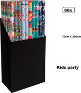 60x Rol inpakpapier 70cm x 200cm Kids/party assortie - Feest thema party inpakken kado papier verschillende dessins