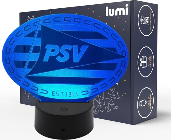 Lumi 3D Nachtlamp - 16 kleuren - PSV - Eindhoven - Voetbal - LED Illusie - Bureaulamp - Sfeerlamp - Dimbaar - USB of Batterijen - Afstandsbediening - Cadeau