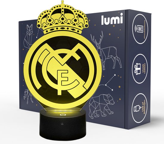 Lumi 3D Nachtlamp - 16 kleuren - Real Madrid - Voetbal - LED Illusie - Bureaulamp - Sfeerlamp - Dimbaar - USB of Batterijen - Afstandsbediening - Cadeau