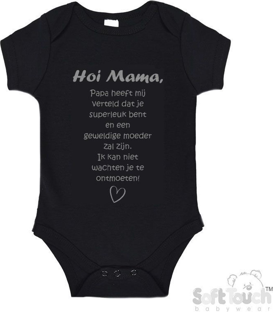 100% katoenen Romper met Tekst "Hoi Mama..." - Zwart/grijs - Maat 62/68 Zwangerschap aankondiging - Zwanger - Pregnancy announcement - Baby aankondiging - In verwachting
