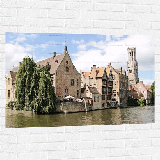 Muursticker - Stenen Huisjes aan het Water in Brugge, België - 120x80 cm Foto op Muursticker