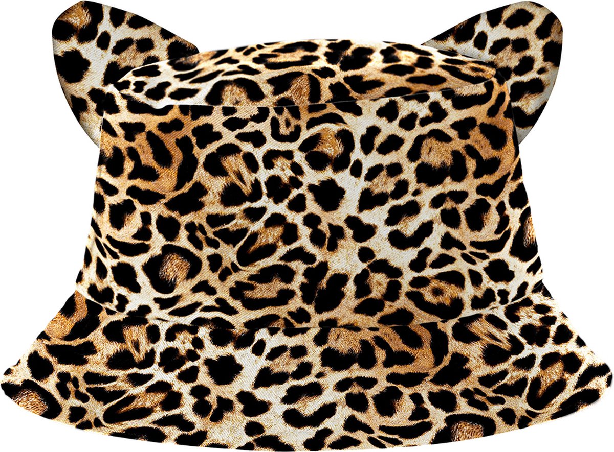 Yucka - Bucket hat - Vissershoedje - Zonnehoed - Panterprint met oortjes - 58 cm - Bruin/zwart