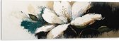 Dibond - Geschilderde Witte Bloem met Bruin, Groen en Witte Achtergrond - 150x50 cm Foto op Aluminium (Wanddecoratie van metaal)