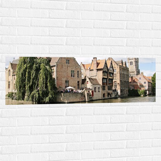 Muursticker - Stenen Huisjes aan het Water in Brugge, België - 120x40 cm Foto op Muursticker