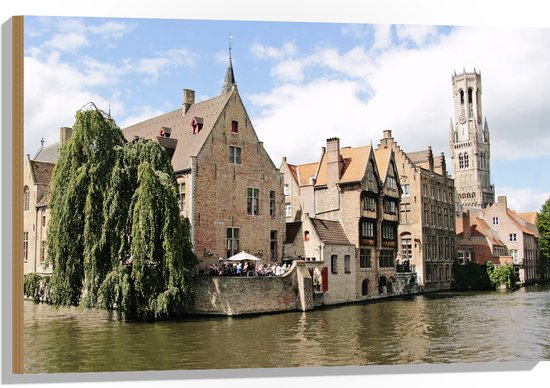 Hout - Stenen Huisjes aan het Water in Brugge, België - 90x60 cm - 9 mm dik - Foto op Hout (Met Ophangsysteem)