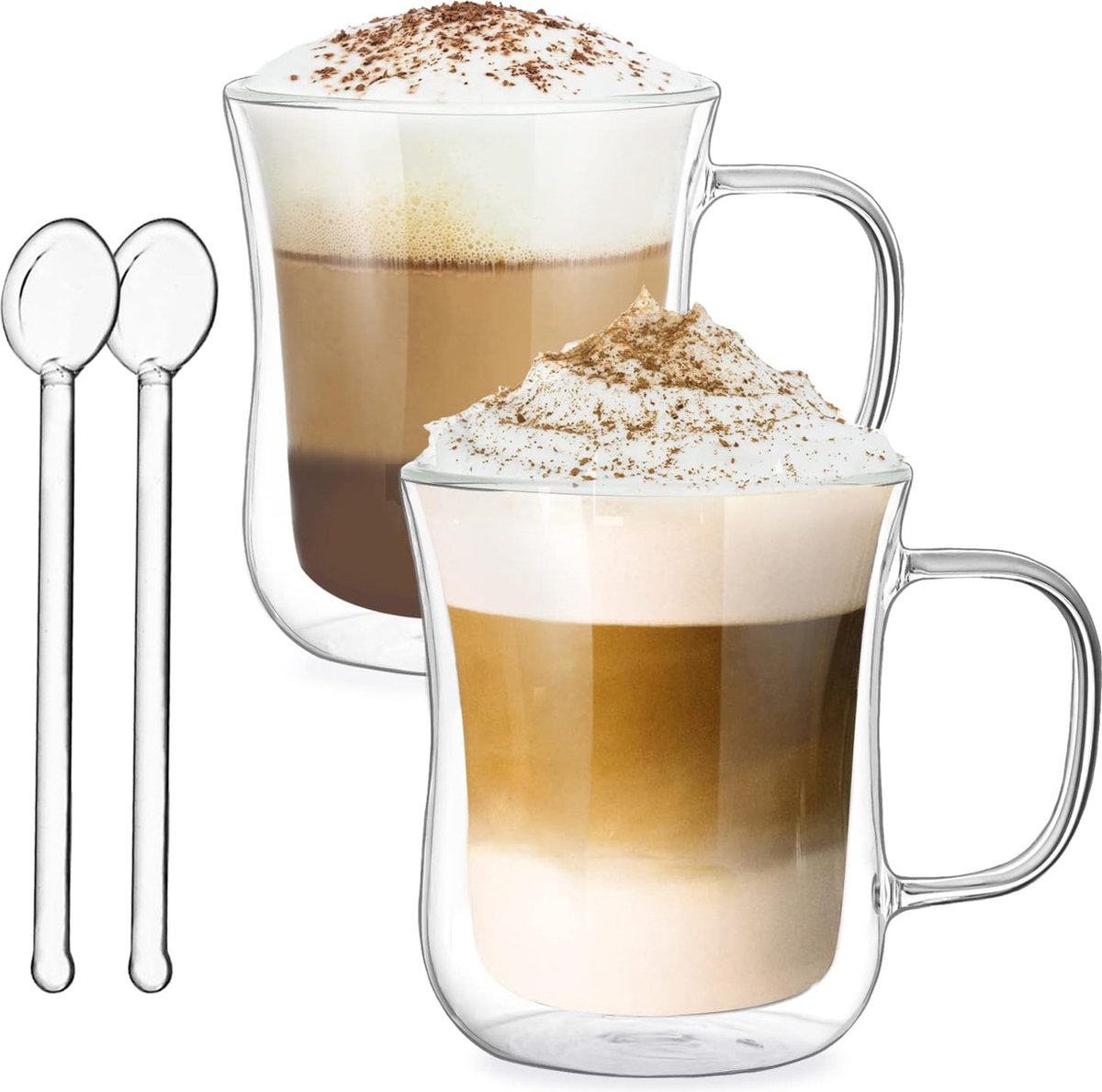 Lot de 4 tasses à café à double paroi en verre résistant à la chaleur avec  poignée, tasses à café isolées, tasses en verre transparent pour latte,  cappuccinos, jus, boissons chaudes/froides (250