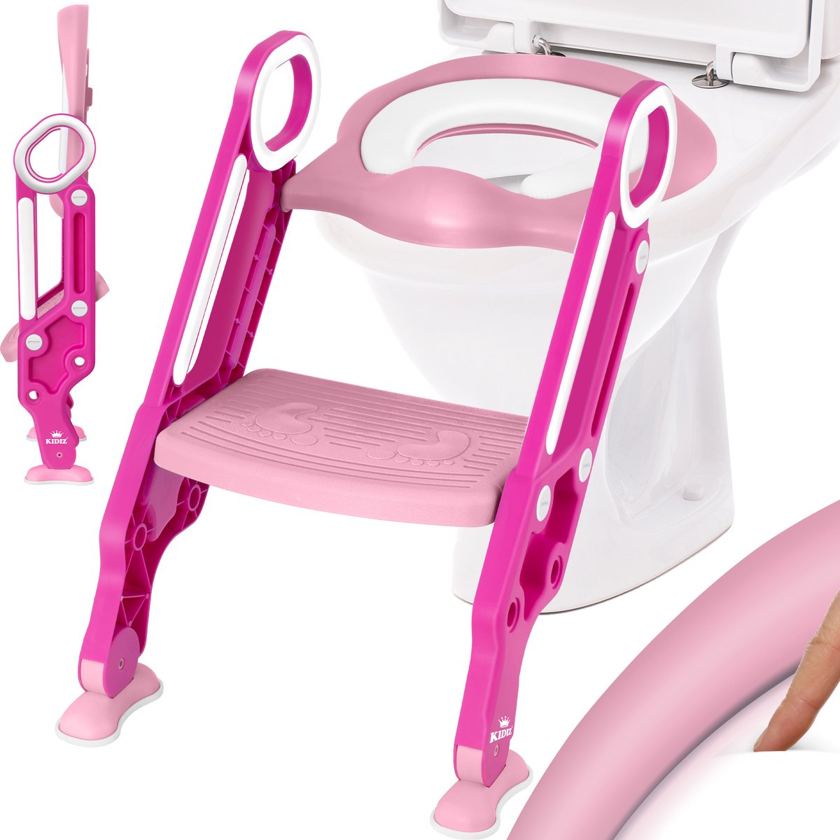 KIDIZ® Toiletbril voor kinderen Kindertoiletbril Toilettrainer met Trap en Handgrepen Opvouwbare Kindertoiletbril Potjestrainer Leren Potje Comfortabel Kussen en Brede Treden Toilettrappen In Hoogte Verstelbaar - Roze