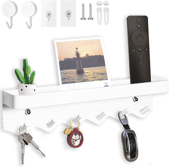 Decoratieve sleutelhouder voor muur met plank, entreeplank met haken houdt riemen, jassen en glazen vast – stevige houten sleutelhouder entreehanger met bevestigingsmateriaal (11,8 x 5,5 x 3,1) (bruin