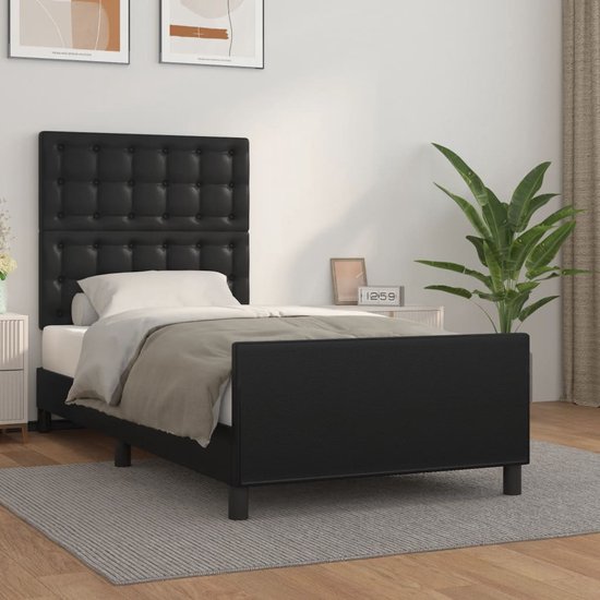 The Living Store Bedframe - Kunstleer - Verstelbaar - Stabiele poten - Multiplex lattenbodem - Comfortabele ondersteuning - Zwart - 203 x 103 x 118/128 cm - Geschikt voor 100 x 200 cm matras - Inclusief hoofdeind - The Living Store