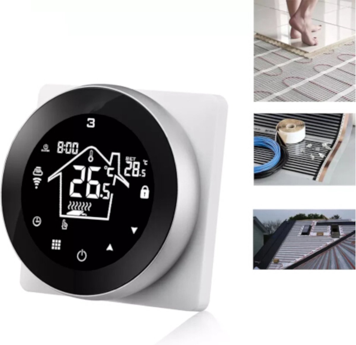 Thermostat intelligent, Chauffage par le sol électrique, Infrarouge, Rond, Noir