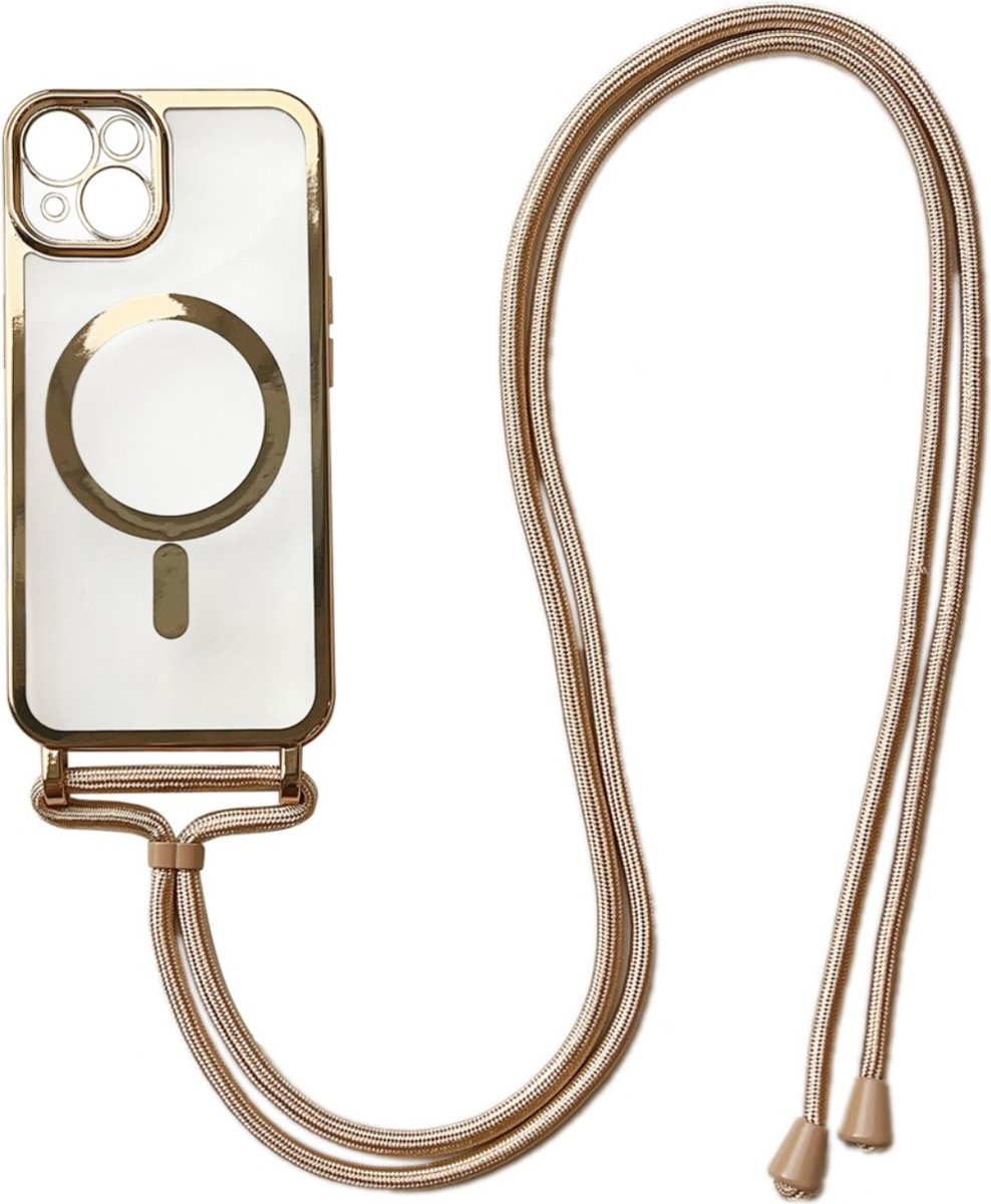 Apple iPhone 13 Magnetisch Hoesje Met Lensbeschermer en Touwtje/koord- Magsafe - Magneet Case Met Ring en camera cover transparant met gekleurde rand -goud