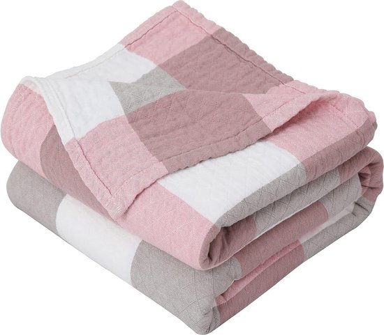 Voorgewassen katoenen deken, knuffeldeken 200x230cm, ademend en zacht bankdeken sprei met ruitpatroon, gezellige katoenen mousseline deken woondeken banksprei bedsprei