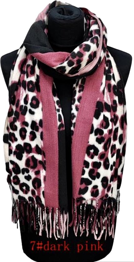 Dames warme lange sjaal met panterprint oudroze