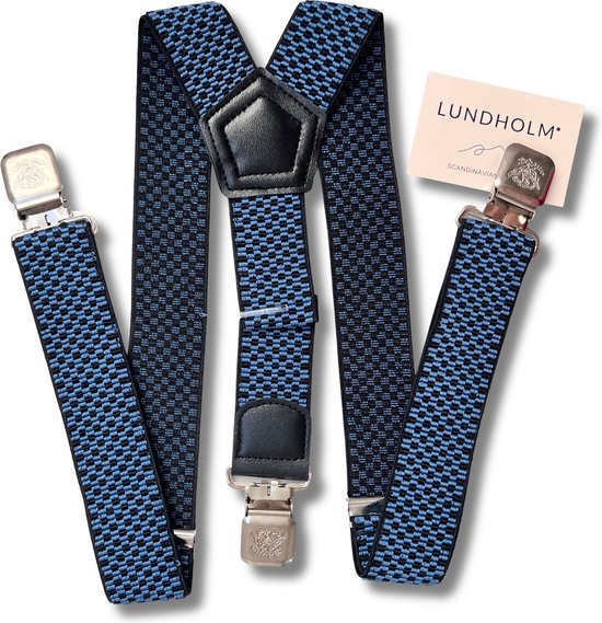 Lundholm Bretels heren volwassenen blauw zwart patroon 3 clips - extra stevig hoge kwaliteit - Scandinavisch design - mannen cadeautjes tip | Lundholm Bastad serie