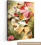 Tableau sur toile Femme - Fleurs - Couleurs - Papillons - Roses - Foulard - 90x120 cm - Décoration murale