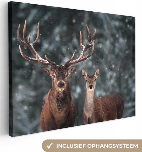 Canvas - Hert - Sneeuw - Dieren - Winter - Bos - Canvasschilderij - 80x60 cm - Canvas woonkamer - Schilderijen op canvas