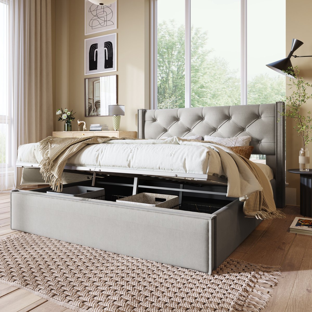 Hydraulisch tweepersoons gestoffeerd bed 160x200cm-Bed met metalen lattenbodem-Modern bedframe met opbergruimte-Katoen-Grijs