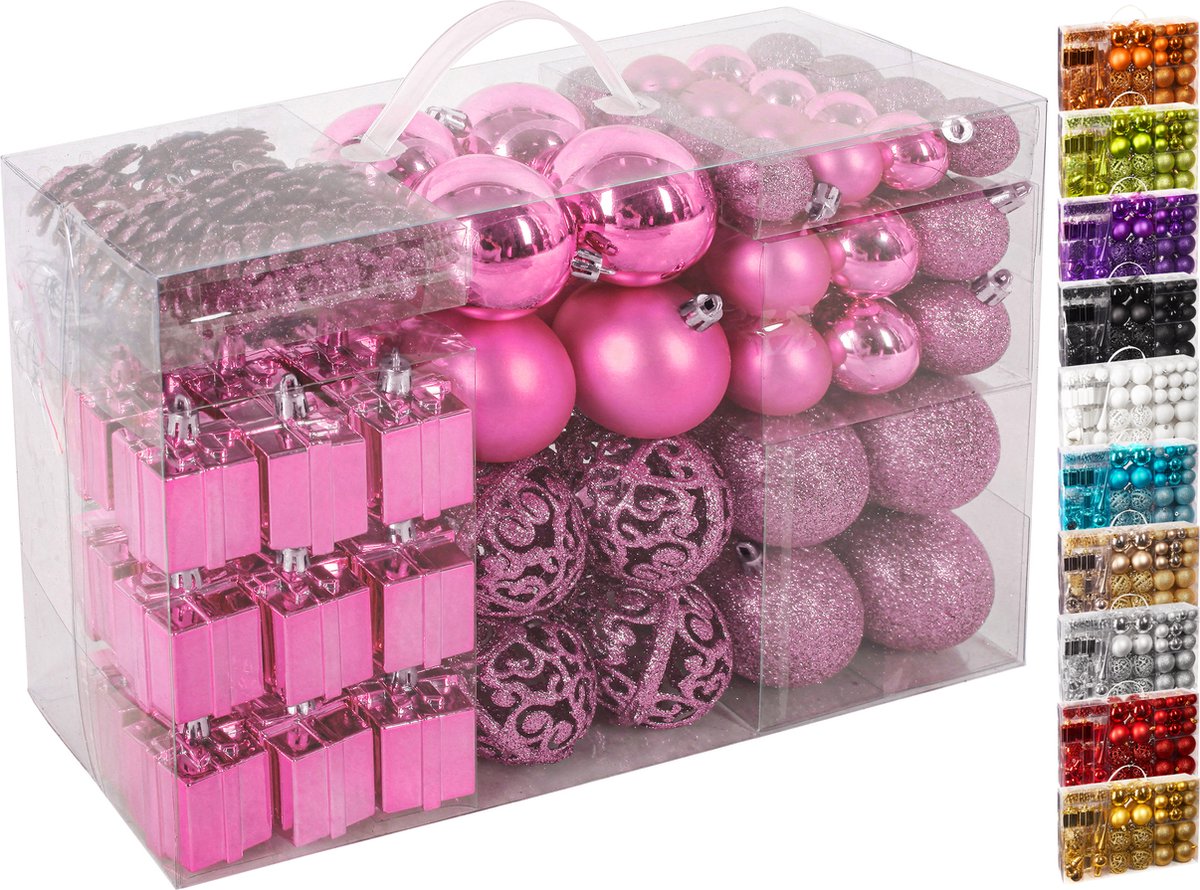 BRUBAKER Kerstballen - Set met Dennenappels, Kerstklokken, Geschenken, Kerstboompiek - Kerstboomversiering - 101 delen - Roze