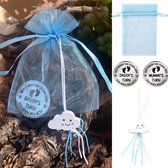 Kraamkado Newborn baby gift Decision Coin in blauw organza zakje met gelukspoppetje wolk blauw - geboorte - kraamcadeau - babyshower - genderreveal