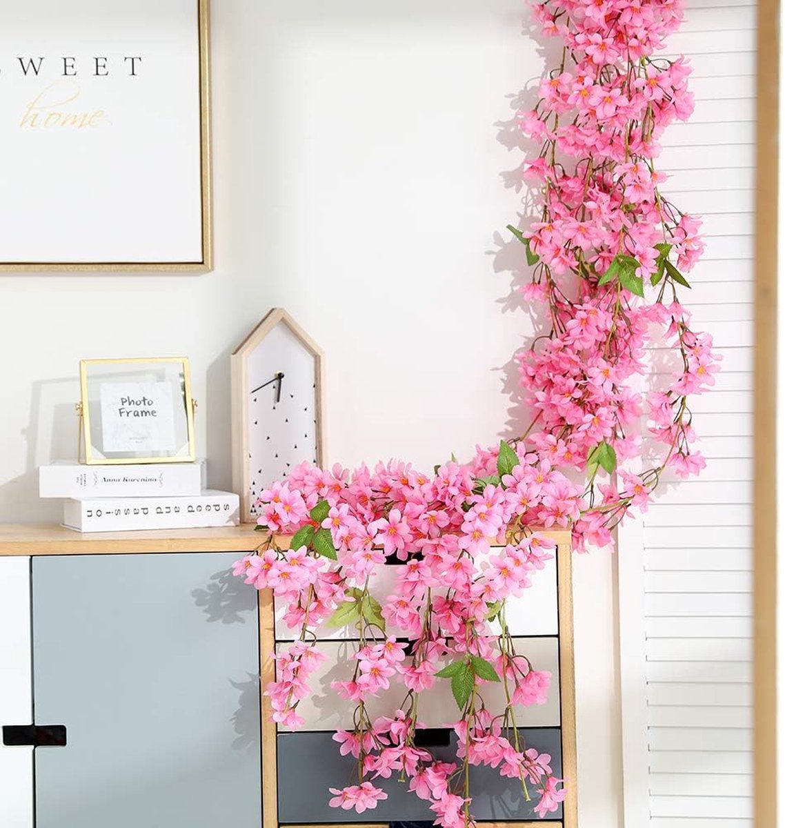 2 stuks 180 cm kunstbloemen slinger, kersenbloesem, hangende wijnstok, zijden bloemen, lentedecoratie voor huis, muur, bruiloft, feest, boog, 84 bloemendecoratie, crème
