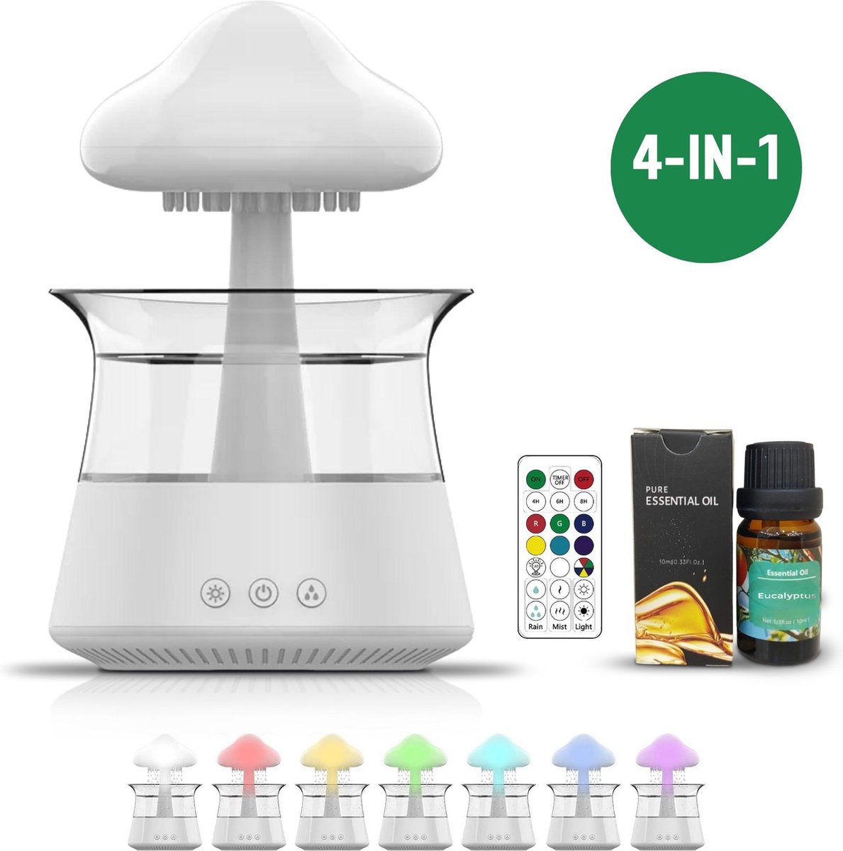 Verdea 4-in-1 Regendruppel Humidifier | Aroma diffuser + Essential Oil (Eucalyptus) + Afstandsbediening | White Noise Machine | Slaaptrainer