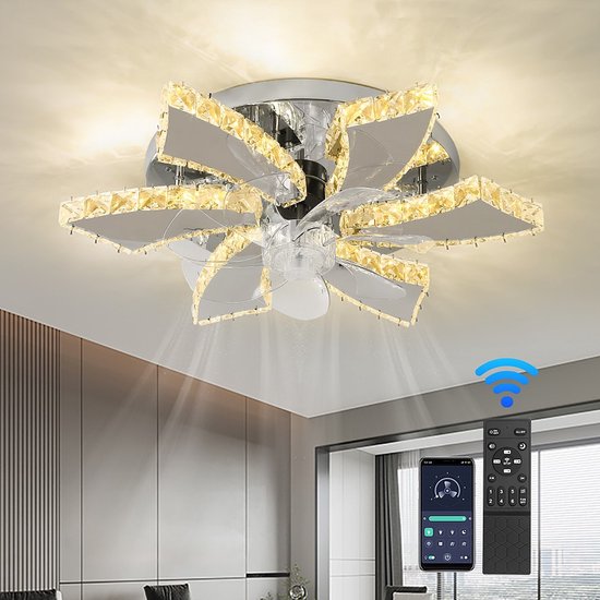 LuxiLamps - 6 Lotus Kristallen Ventilator Lamp - Crystal Plafondventilator - Smart Lamp - Met Dimmer - 3 Standen Ventilator - Keuken Lamp - Woonkamer Lamp - Moderne Lamp