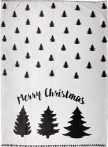 Clayre & Eef Plaid 130x170 cm Wit Zwart Polyester Kerstbomen Merry Christmas Deken