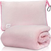 Reizen deken vliegtuig transformerend kussen 2-in-1 met knuffelige voetzak, slaapmasker en oordopjes - reiskussen deken 2-in-1 - knuffeldeken roze