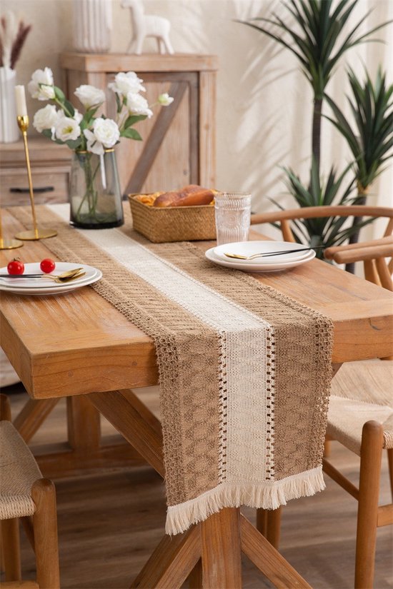 Jayusaror Boho Tafelloper, macramé, beige, geweven katoen, linnen, klein, smal tafelkleed, Boheemse, rustieke boerderij, wasbare tafelloper voor bruiloft, keuken, eettafel, decoratie, 30 x 140 cm