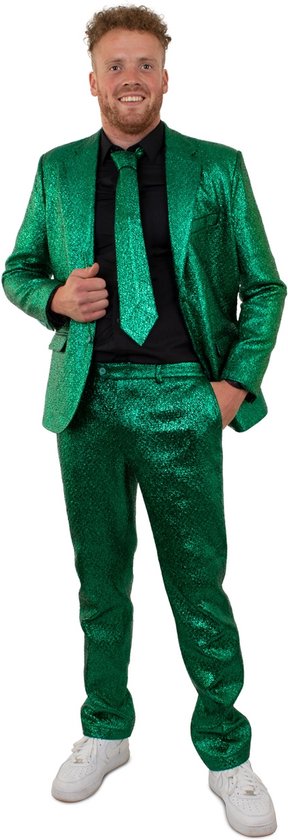 PartyXplosion - Landen Thema Kostuum - Glamour Green Metallic 3delig - Man - Groen - Maat 56 - Kerst - Verkleedkleding