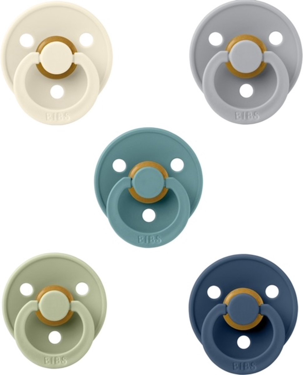 Goedkoopste Bibs fopspenen 6-18 maand set 5 stuks Ivory,Cloud,Island Sea ,Sage en Steel Blue maat 2