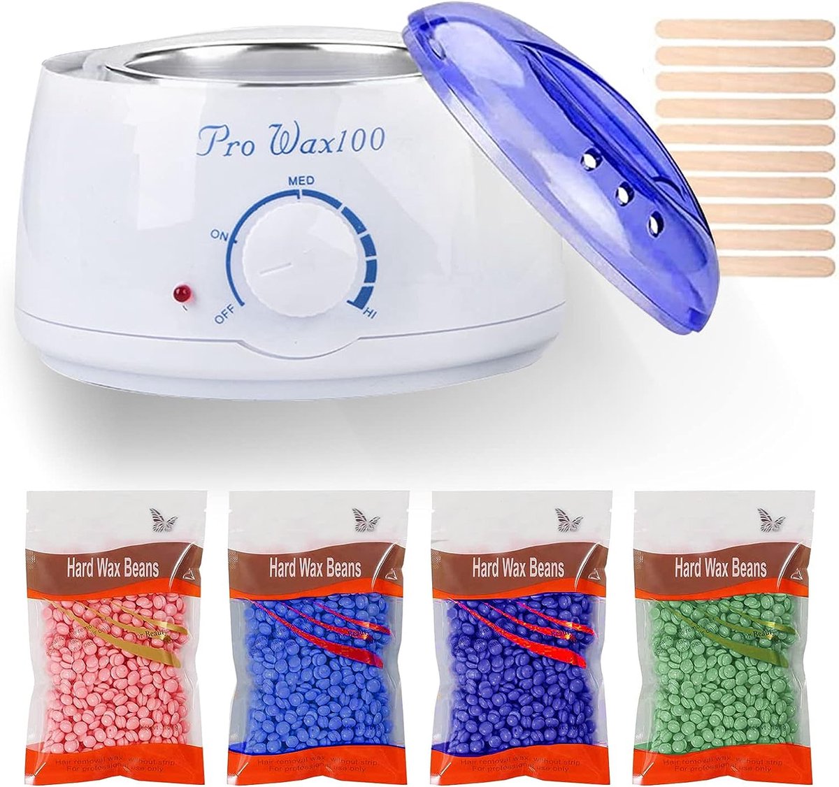 Ontharingsset met elektrische waxverwarmer, 4 x 100g waxbonenwikkels, 20 x spatels (wit)