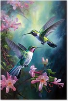 Graphic Message - Schilderij op Canvas - Luchtacrobaten - Kolibries - Vogel Kunst - Kolibrie Vogels - Groen - Hotel Chique Wanddecoratie - Woonkamer Muurdecoratie - Emerald - Natuur - Natuurkunst - Dierenkunst
