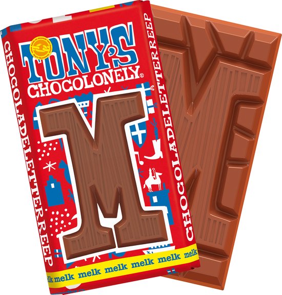 Tony's Chocolonely Chocolade Letter M - Melkchocolade Reep - Sinterklaas Cadeau - Schoencadeautje Sint - Fairtrade Belgische Chocolade - 180 Gram
