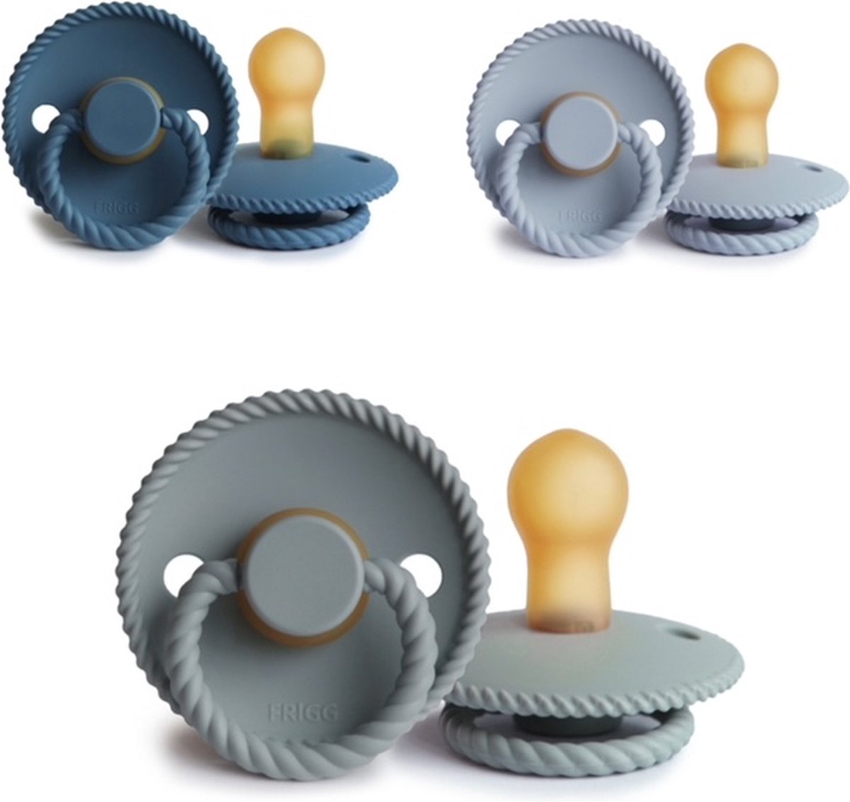 Goedkoopste FRIGG ROPE Fopspeen set 3 stuks Ocean View,Powder Blue en French Gray 0-6 maand