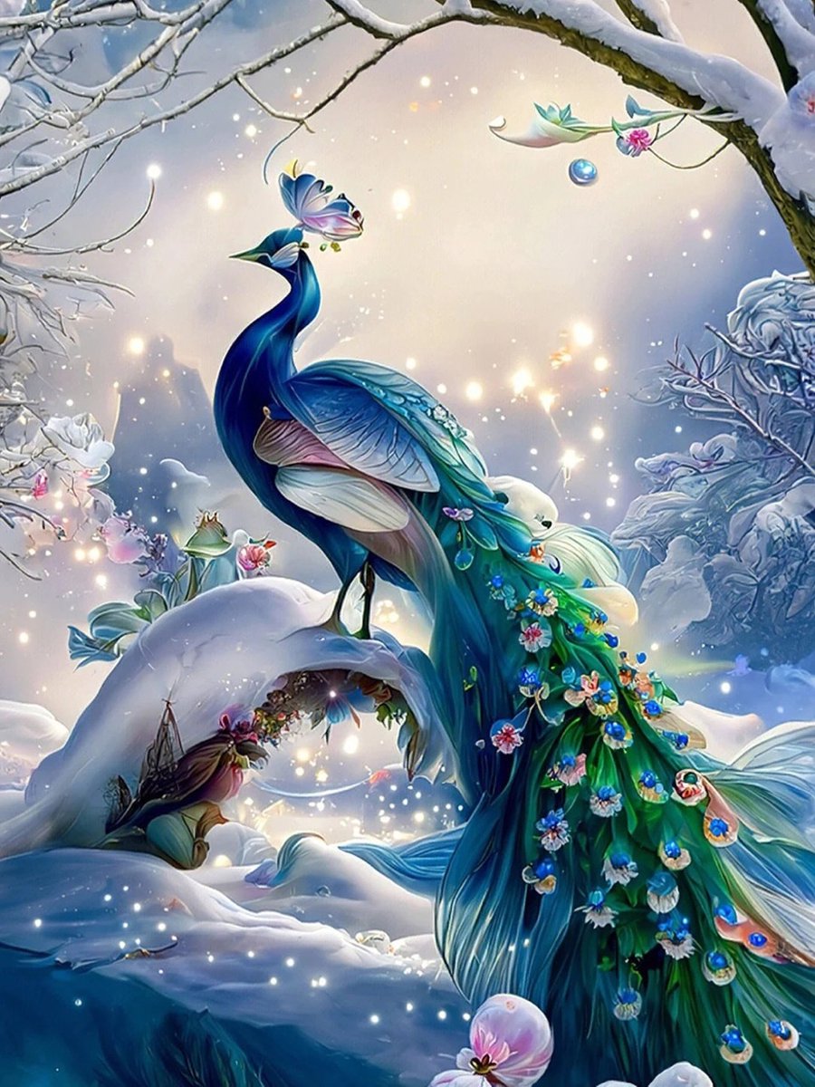 TOPMO - Winter Pauw - Diamond painting pakket - HQ - VOLLEDIG dekkend - Diamant Schilderen - voor Volwassenen – ROND- 40X50CM