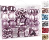 BRUBAKER Kerstballen 77-Delige Set - Kerstboomdecoraties met Ballen Sterren Laarzen Dennenappels Verpakkingen - Plastic - Roze/Zilver