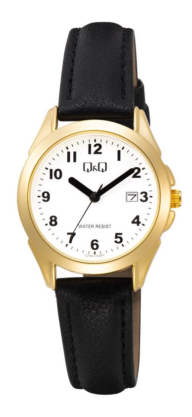 Q&Q C29A-004PY - Horloge - Analoog - Vrouwen - Dames - Leren band - Rond - Metaal - Cijfers - Datumaanduiding - Zwart - Goudkleurig - Wit - 3 ATM