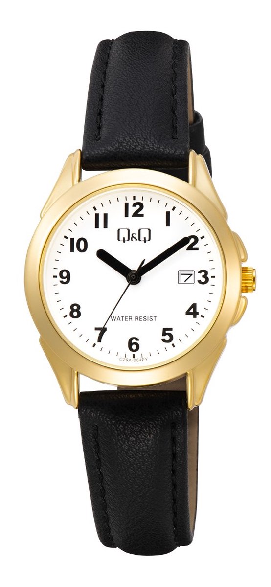 QQ C29A-004PY - Horloge - Analoog - Vrouwen - Dames - Leren band - Rond - Metaal - Cijfers - Datumaanduiding - Zwart - Goudkleurig - Wit - 3 ATM