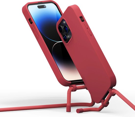 Coverzs Coque en silicone avec cordon - Coque pour téléphone avec cordon - Coque arrière avec cordon - cordon - convient pour Apple iPhone 14 Pro Max - rouge