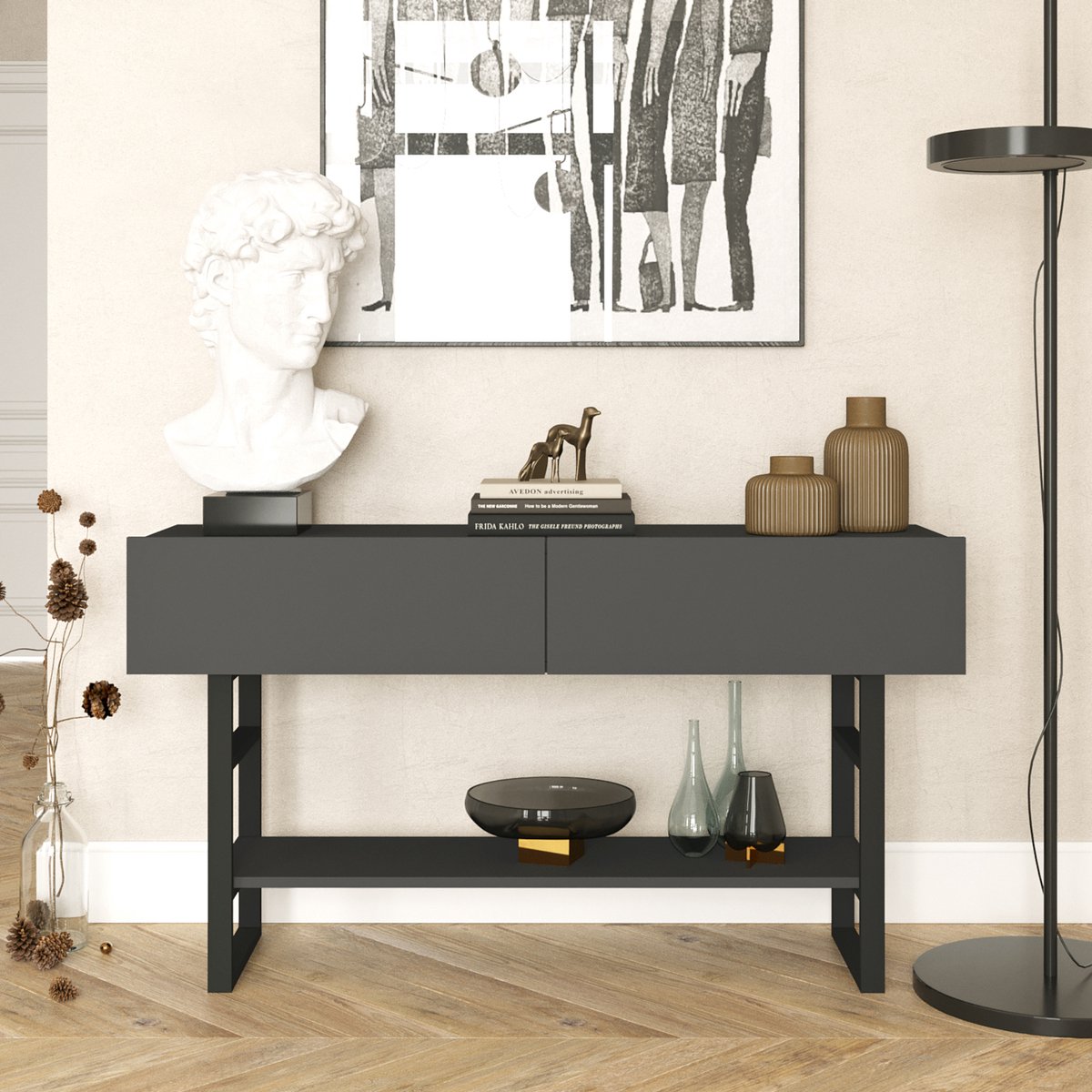 en.casa Console tafel sidetable Lappeenranta 139x43x76cm antraciet en zwart