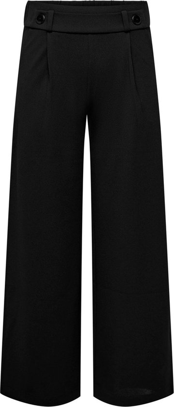 Zwarte wijde broek met hoge taille, geplooid aan de voorkant en twee decoratieve knopen.