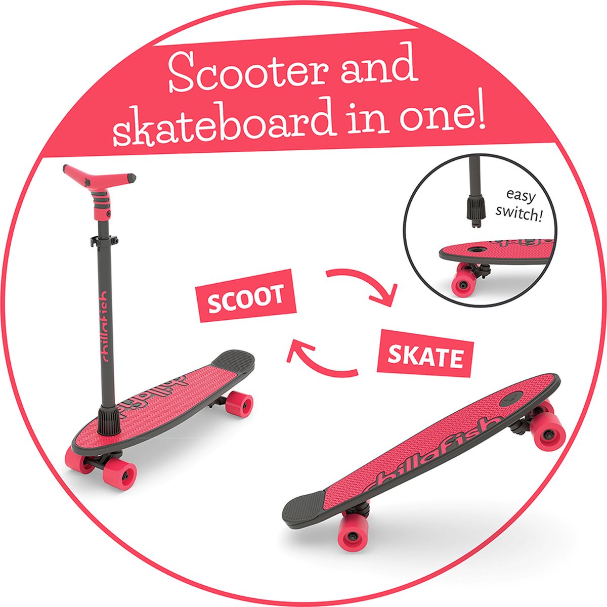 Chillafish Skateboard en Step 2-in-1 - Kinderstep omvormbaar naar Skateboard - Coraal Roze - Jongens en meisjes 3 jaar en ouder - Verstelbaar stuur - Model Skatieskootie 2 — afbeelding 2