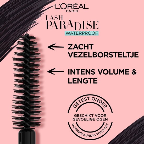 Mascara borsteltje met vezels. Tekst: "L'Oréal Paris Lash Paradise Waterproof", "Zacht vezelborsteltje", "Intens volume & lengte", "Getest onder", "Geschikt voor gevoelige ogen", "Oogheelkundig toezicht".