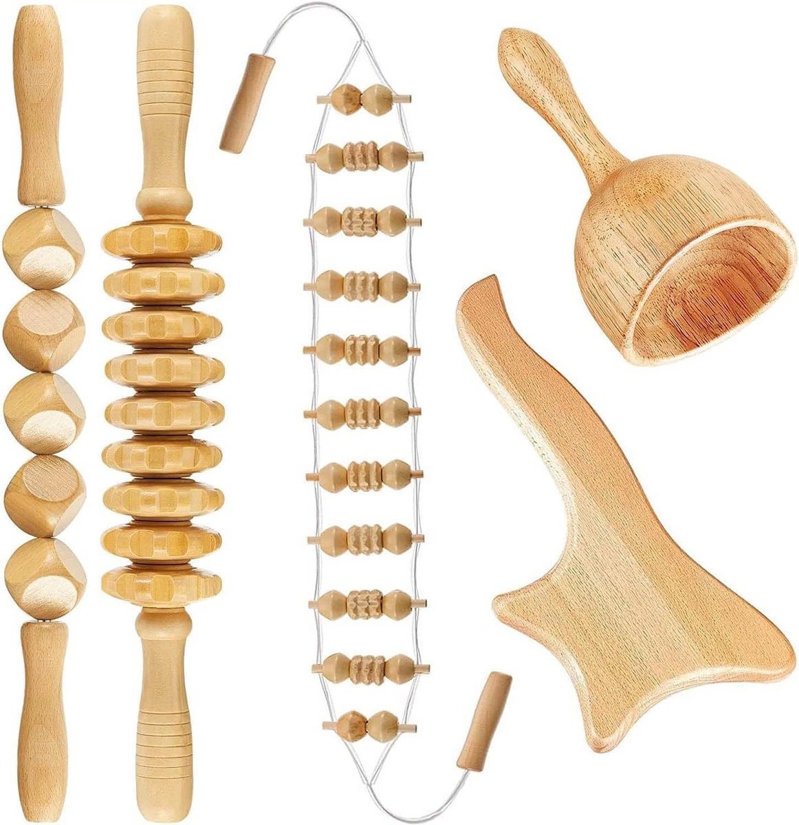 Goedkoopste Maderotherapie set van 5 maderotherapie massage houten massage rollers, rugmassage, fasciarol, massagehulp, hout, Gua Sha beker, cellulitis tools - stress verminderen ontspanning