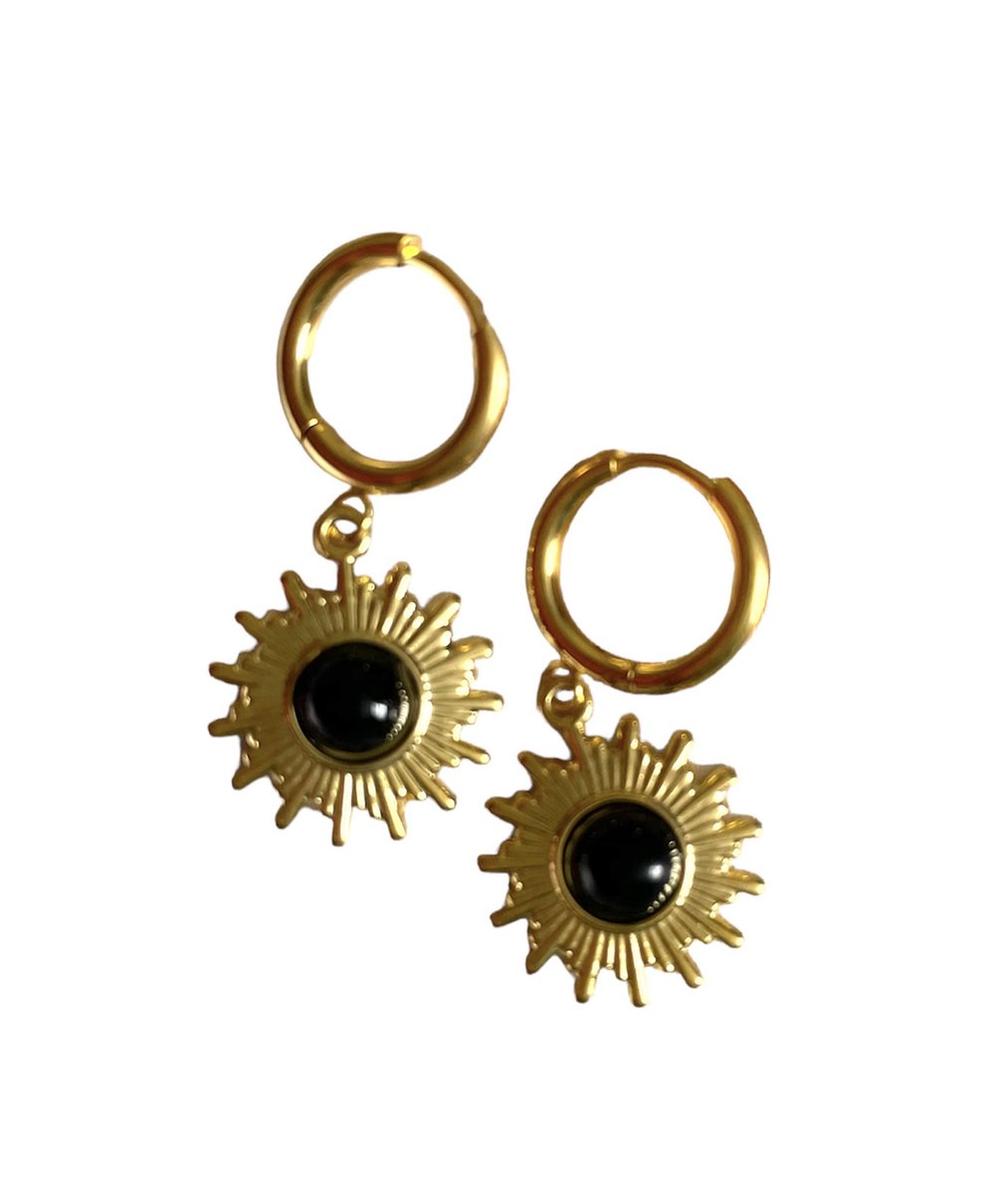 ASTRADAVI 18K Vergulde Sieraden - Oorbellen - Vintage Dangle Lucky Charms Hoop Oorbellen - Zon Charme met Zwarte Agaat Natuursteen - Cadeau Idee