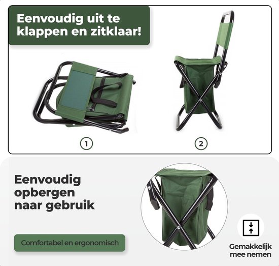 EASTWALL Toeristenvisstoel - H51xL21xB27.5 cm - Vouwkruk met tas - Opvouwbaar viskrukje - Stevige constructie - Nylon + Staal - Groen van Merkloos — afbeelding 3